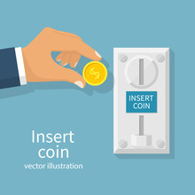 Inserting Coin To Slot On Vending Machine. Man Holding Money In Hand. Arcade Machine. Vector Illustration Flat Design. Isolated On Background.