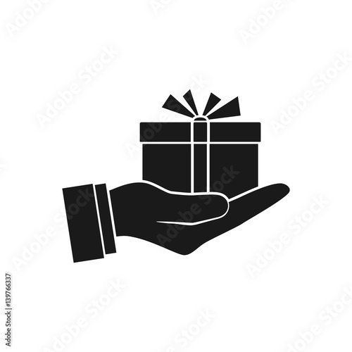 Gift box in hand, icon, silhouette. Vector illustration flat design