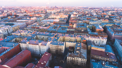 Wall Mural - Beautiful super wide-angle summer aerial view of Saint-Petersburg, Russia with skyline and scenery beyond the city and Nevsky Prospect, seen from the quadrocopter air drone