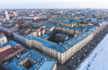 Wall Mural - Beautiful super wide-angle summer aerial view of Saint-Petersburg, Russia with skyline and scenery beyond the city and Nevsky Prospect, seen from the quadrocopter air drone