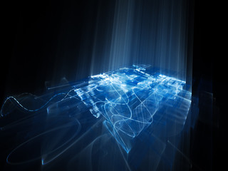 Poster - Abstract background element. Fractal graphics series. Three-dimensional composition of wave shapes and grids. Science and technology concept. Blue and black colors.
