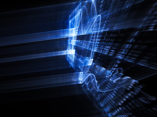 Poster - Abstract background element. Three-dimensional composition of wave shapes, grids and beams. Science and technology concept. Blue and black colors.