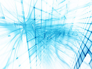 Poster - Abstract background element. Three-dimensional composition of wave shapes, grids and beams. Electronics and media concept. Blue and white colors.