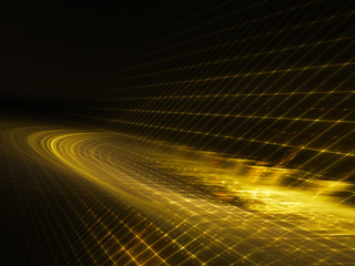 Poster - Abstract background element. Three-dimensional composition of glowing grids and wave shapes. Science and technology concept. Golden yellow and black colors.