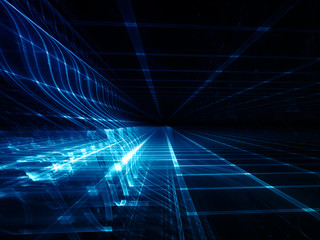 Poster - Abstract background element. Three-dimensional composition of glowing grids and wave shapes. Science and technology concept. Blue and black colors.