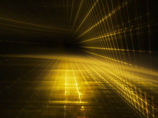 Aufkleber - Abstract background element. Three-dimensional composition of glowing grids and wave shapes. Science and technology concept. Golden yellow and black colors.