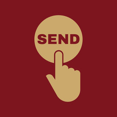 Poster - Hand pressing a button with the text SEND icon. Send, submit, ship, dispatch symbol. Flat design. Stock - Vector illustration