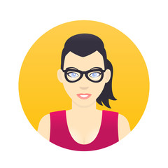 Sticker - Avatar icon, cartoon girl in glasses in flat style