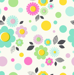 Poster - seamless pattern with flowers, leaves and dots