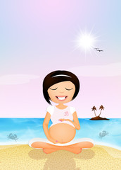 Wall Mural - a pregnant woman doing yoga on the beach