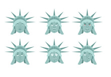 Statue Of Liberty Emoji. Emotion Set. Aggressive And Good US Landmark Statue Face. Surprised And Sleep. USA Avatar Collection