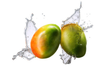 Canvas Print - Water splash and fruits isolated on white backgroud. Fresh mango
