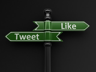 Poster - Tweet and like pointers on signpost. Image with clipping path 