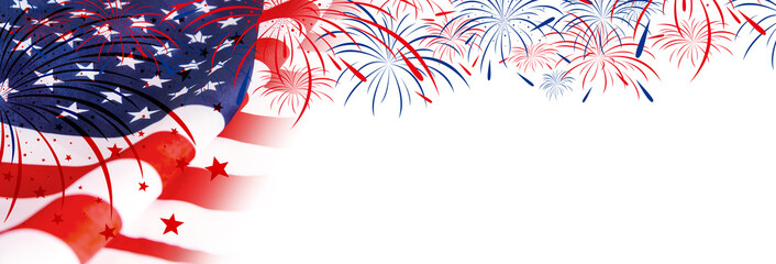 Wall Mural - USA flag with fireworks on white background