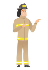 Poster - Young caucasian firefighter pointing to the side.