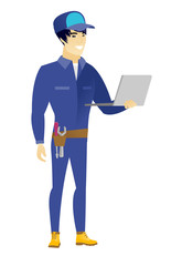 Sticker - Mechanic using laptop vector illustration.