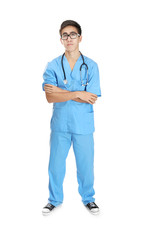 Wall Mural - Young handsome doctor on white background