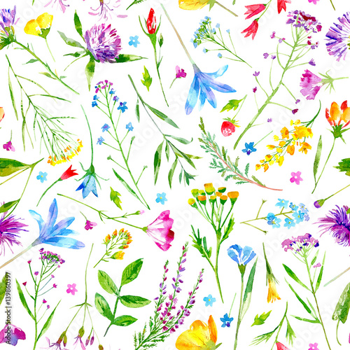 kwiatowy-wzor-dzikich-kwiatow-i-ziol-na-bialym-tle-butterka-chaber-koniczyna-bluebell-niezapominajka-wyka-trawa-lobelia-kwiaty-przebisnieg-ilustracja-akwarela-recznie-rysowane