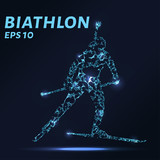 Fototapeta Sport - The biathlon consists of points, lines and triangles. The polygon shape in the form of a silhouette on a dark background. Vector illustration. Graphic concept biathlon