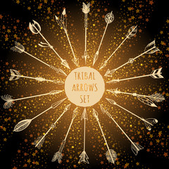 Wall Mural - Tribal arrows set on shining backround. Vector shine background with hand drawn arrows
