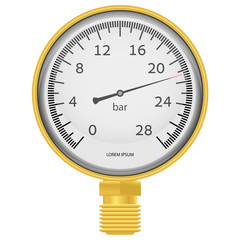 Golden pressure gauge on a white
