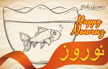 Wall Mural - Hand Drawn Design of Fish in a Bowl for Nowruz, Vector Illustration