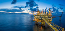 Panorama Of Oil And Gas Central Processing Platform In Twilight, Offshore Hard Work Occupation Twenty Four Working Hours.