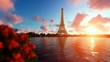 Seine in Paris with Eiffel Tower against beautiful sunset