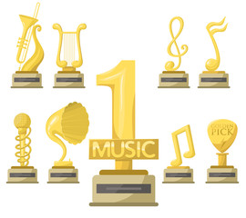 Gold rock star trophy music notes best entertainment win achievement clef and sound shiny golden melody success prize pedestal victory vector illustration.