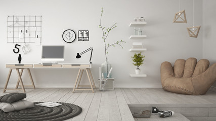 Residential multifunctional room with home office, workplace, scandinavian minimalist interior design