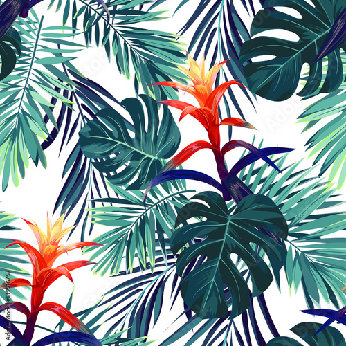 Obraz w ramie Hand drawn seamless floral pattern with guzmania flowers, monstera and royal palm leaves. Exotic hawaiian vector background.