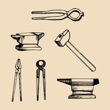 Vector Illustration Set Of Hand Sketched Blacksmith Elements. Retro Farrier Icons Or Signs.