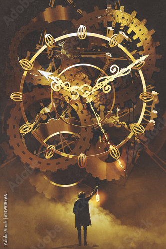 Cuadros en Lienzo man with a lantern standing in front of the big golden clockwork,illustration pa