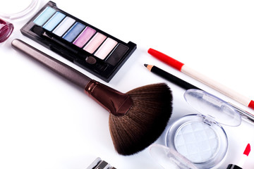 Canvas Print - Makeup cosmetics tools and essentials, flat lay on white background