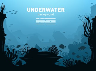 Underwater Background with Fishes, Sea plants and Coral Reefs