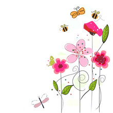 Pink Spring Flowers, Bee, Butterfly. Floral Background