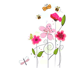 Pink spring flowers, bee, butterfly. Floral background