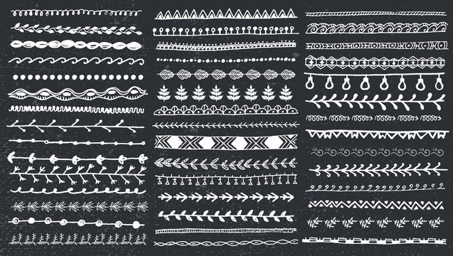 Vector Hand drawn line border set and scribble design element. Vintage fashion pattern. Illustration. Trendy doodle collection.