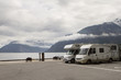 Camping holidays car on the parking near norwegian fjord, norway