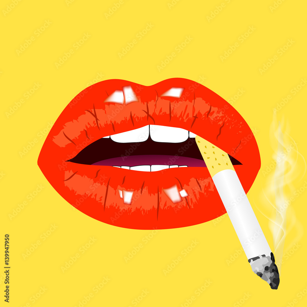cigarettes lips Red lips with cigarette on yellow background. Smoking sign, vector  illustration. Stock Vector