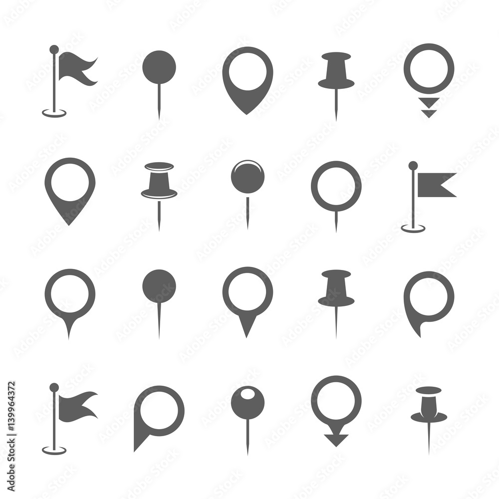 Map pin icons. Vector black place pointer or location marker signs ...