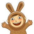 Happy child in costume rabbit. Bunny, hare cartoon. Vector illustration