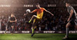 Brutal Soccer action on 3d sport arena. mature players with ball