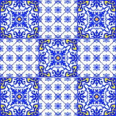  Portuguese azulejo tiles. Blue and white gorgeous seamless patterns. For scrapbooking, wallpaper, cases for smartphones, web background, print, surface texture, pillows, towels, linens bags T-shirts