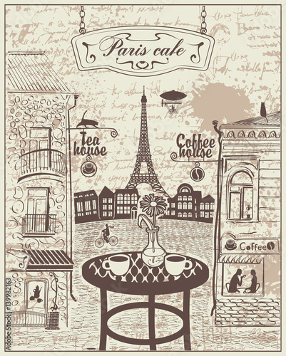 Naklejka na meble Paryska kawiarnia z widokiem na Wieżę Eiffla