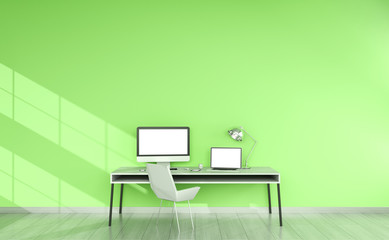 Wall Mural - Modern green desktop interior with devices 3D rendering