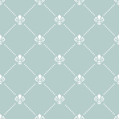 Wall Mural - Seamless vector light blue and white pattern. Modern geometric ornament with royal lilies. Classic vintage background