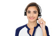 © rogerphoto - Call center operator isolated over white background. Young Hispanic or latin american women in headset