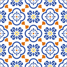 Ceramic Blue And White Mediterranean Seamless Tile Pattern. Geometric Arabic Shapes Vector Texture For Textile And Wallpaper Design.