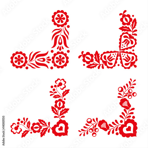 Fotografija Set of four traditional folk ornaments, red embroidery isolated on a white backg